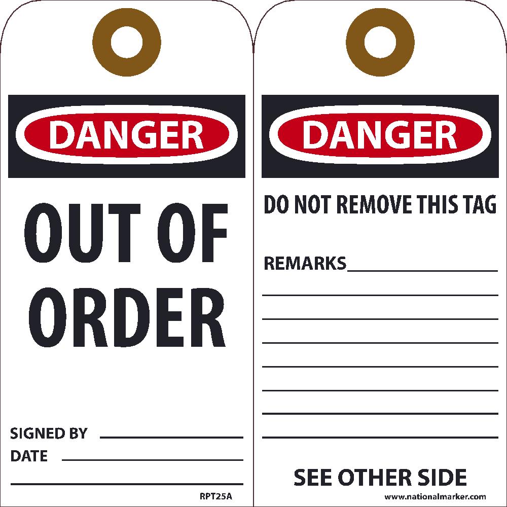 TAGS, DANGER OUT OF ORDER TAG, 25PK, 6X3, .015 UNRIPPABLE VINYL WITH GROMMET, ZIP TIES INCLUDED