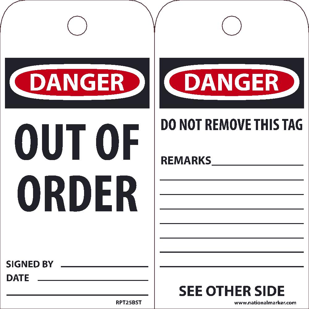 EZ PULL TAGS, DANGER OUT OF ORDER, 6X3, TAGS ON A ROLL, BOX OF 100