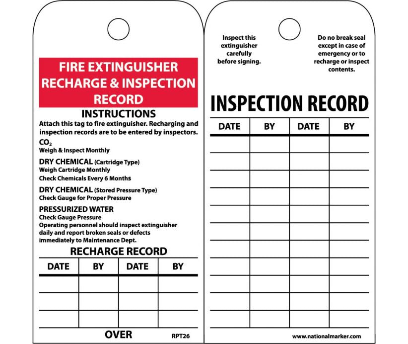 TAGS, FIRE EXTINGUISHER RECHARGE AND INSPECT., 6X3, UNRIP VINYL, 25/PK