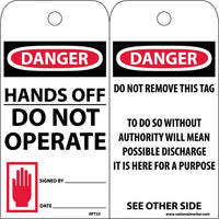 TAGS, DANGER, HANDS OFF DO NOT OPERATE, 6X3, SYNTHETIC PAPER, 25/PK (HOLE)