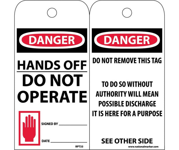 TAGS, DANGER, HANDS OFF DO NOT OPERATE, 6X3, SYNTHETIC PAPER, 25/PK (HOLE)