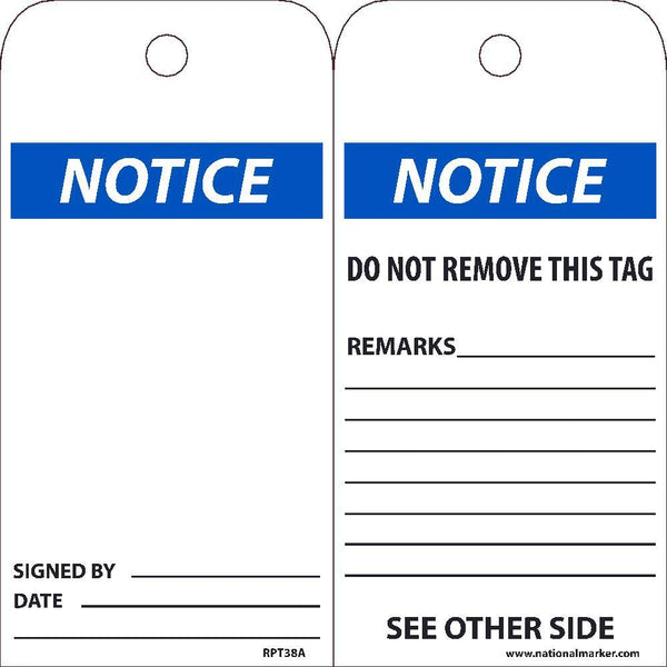 TAGS, NOTICE, 25PK, 6X3, .015 UNRIPPABLE VINYL WITH 1 TOP CENTER HOLE, ZIP TIES INCLUDED