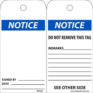 TAGS, NOTICE, 25PK, 6X3, .015 UNRIPPABLE VINYL WITH GROMMET, ZIP TIES INCLUDED