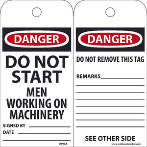 TAGS, DANGER DO NOT START MEN WORKING ON MACHINERY TAG, 25PK, 6X3, .015 UNRIPPABLE VINYL WITH GROMMET, ZIP TIES INCLUDED