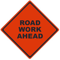 TRAFFIC, ROAD WORK AHEAD, 36X36, ROLL UP SIGN, MESH MATERIAL