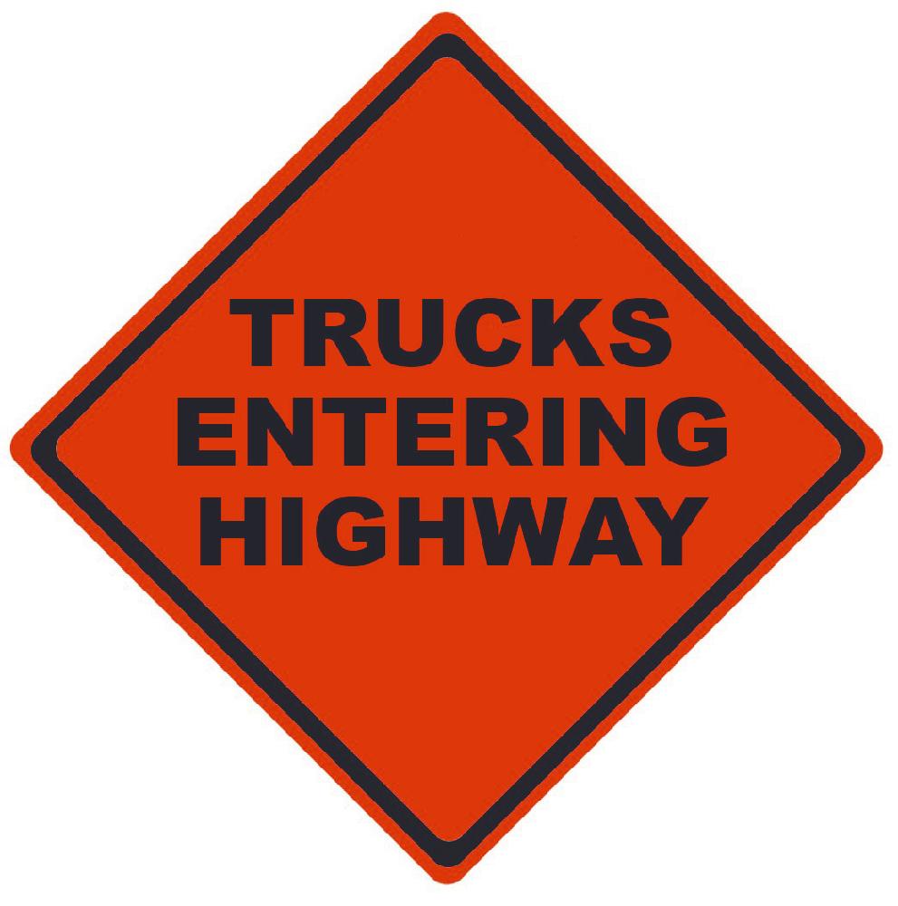 TRAFFIC, TRUCKS ENTERING HIGHWAY, 36X36, ROLL UP SIGN, MICROPRISMATIC REFLECTIVE MATERIAL