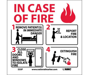 IN CASE OF FIRE INSTRUCTIONS FOR HOSPITAL (W/ GRAPHIC), 7X7, RIGID PLASTIC