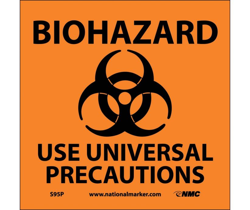 BIOHAZARD USE UNIVERSAL PRECAUTIONS (W/ GRAPHIC), 7X7, RIGID PLASTIC