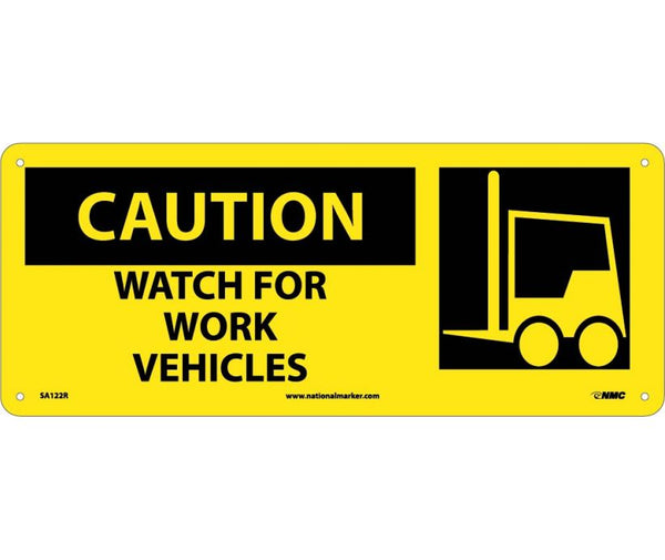 CAUTION, WATCH FOR WORK VEHICLES (W/GRAPHIC), 7X17, RIGID PLASTIC
