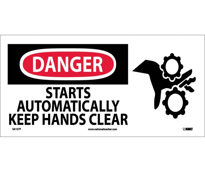 DANGER, STARTS AUTOMATICALLY KEEP HANDS CLEAR (W/GRAPHIC), 7X17, RIGID PLASTIC