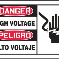 OSHA Danger Bilingual Spanish Safety Label, HIGH VOLTAGE/PELIGRO ALTO VOLTAJE with Graphic, 3 1/2"x5" Adhesive Vinyl, 5/PK