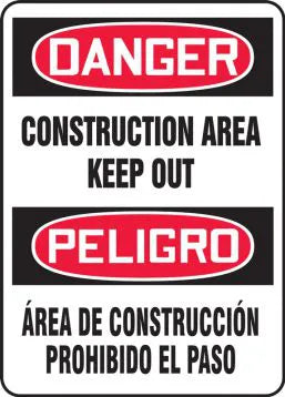 Safety Sign, DANGER CONSTRUCTION AREA KEEP OUT (English, Spanish), 14