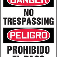 Safety Sign, DANGER NO TRESPASSING (English, Spanish), 14" x 10", Plastic