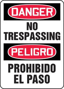 Safety Sign, DANGER NO TRESPASSING (English, Spanish), 14" x 10", Plastic