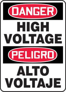 Safety Sign, DANGER HIGH VOLTAGE PELIGRO ALTO VOLTAJE (English, Spanish), 14" x 10", Aluminum