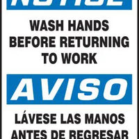 Safety Sign, NOTICE WASH HANDS BEFORE RETURNING TO WORK (English, Spanish), 14" x 10", Plastic