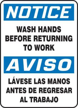 Safety Sign, NOTICE WASH HANDS BEFORE RETURNING TO WORK (English, Spanish), 14