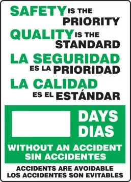 Write-A-Day Scoreboard, SAFETY IS THE PRIORITY QUALITY IS THE STANDARD DAYS WITHOUT AN ACCIDENT ACCIDENTS ARE AVOIDABLE (English, Spanish), 20