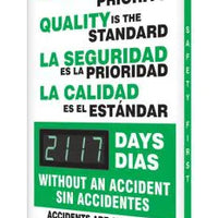 Digi-Day Electronic Safety Scoreboard, 28 X 20, Aluminum, Safety Is The Priority - Quality Is The Standard (English/Spanish)
