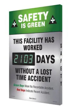 Digi-Day Electronic Safety Scoreboard, 28 X 20, Aluminum, Safety Is Green This Facility Has Worked ___ Days Without A Lost Time Accident