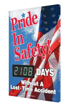 Digi-Day Electronic Safety Scoreboard, 28 X 20, Aluminum, Pride In Safety __Days Without A Lost Time Accident