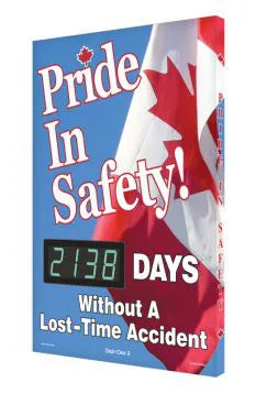 Digi-Day Electronic Safety Scoreboard, 28 X 20, Aluminum, Pride in Safety _Days Without A Lost Time Accident (Canadian)