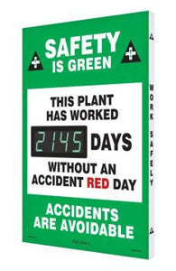 Digi-Day Electronic Safety Scoreboard, 28 X 20, Aluminum, Safety Is Green - This Plant Has Worked _Days Without An Accident Red Day - Accidents Are Avoidable