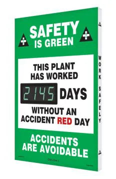 Digi-Day Electronic Safety Scoreboard, 28 X 20, Aluminum, Safety Is Green - This Plant Has Worked _Days Without An Accident Red Day - Accidents Are Avoidable