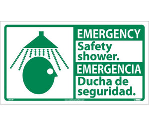 EMERGENCY, SAFETY SHOWER (BILINGUAL W/GRAPHIC), 10X18, PS VINYL
