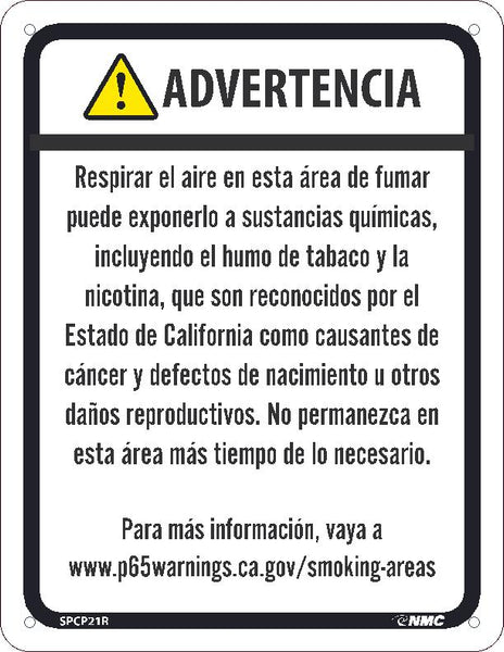 WARNING BREATHING THE AIR IN THIS SMOKING AREA CAN EXPOSE YOU TO CHEMICALS INCLUDING TOBACCO SMOKE AND NICOTINE8.5X11, RIGID PLASTIC, SPANISH