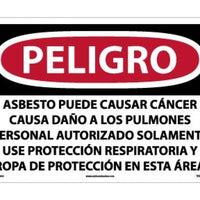 PELIGRO ASBESTOS MAY CAUSE CANCER CAUSES . . . ONLY WEAR RESPIRATORY PROTECTION AND PROTECTIVE CLOTHING IN THIS AREA (SPANISH), 14 X 20, .040 ALUM