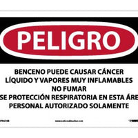 PELIGRO BENZENE MAY CAUSE CANCER HIGHLY FLAMMABLE LIQUID AND VAPOR DO NOT SMOKE WEAR RESPIRATORY PROTECTION IN THIS AREA AUTHORIZED PERSONNEL ONLY (SPANISH), 10 X 14, .040 ALUM