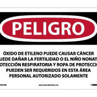 PELIGRO ETHYLENE OXIDE MAY CAUSE CANCER MAY DAMAGE FERTILITY OR THE UNBORN CHILD RESPIRATORY . . .  AREA AUTHORIZED PERSONNEL ONLY (SPANISH), 10 X 14, RIGID PLASTIC