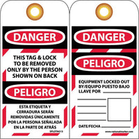 TAGS, LOCKOUT, DANGER THIS TAG & LOCK TO BE REMOVED ONLY. . .(BILINGUAL), 6X3, UNRIP VINYL, 10/PK GROMMET