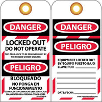 TAGS, LOCKOUT, DANGER, LOCKED OUT DO NOT OPERATE BILINGUAL, 6X3, UNRIP VINYL, 10 PK GROMMET
