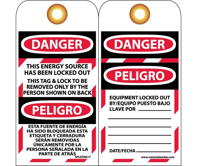 TAGS, LOCKOUT, DANGER, THIS ENERGY SOURCE HAS BEEN LOCKED OUT THIS TAG & LOCK TO BE REMOVED ONLY BY THE PERSON SHOWN ON BACK BILINGUAL, 6X3, UNRIP VINYL, 10 PK  GROMMET