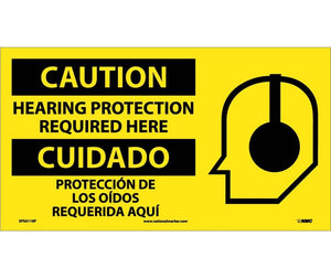 CAUTION, HEARING PROTECTION REQUIRED HERE (BILINGUAL W/GRAPHIC), 10X18, RIGID PLASTIC