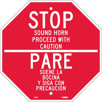 STOP SOUND HORN PROCEED WITH CAUTION, BILINGUAL, 12X12, RIGID PLASTIC