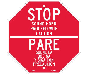 STOP SOUND HORN PROCEED WITH CAUTION, BILINGUAL, 12X12, RIGID PLASTIC