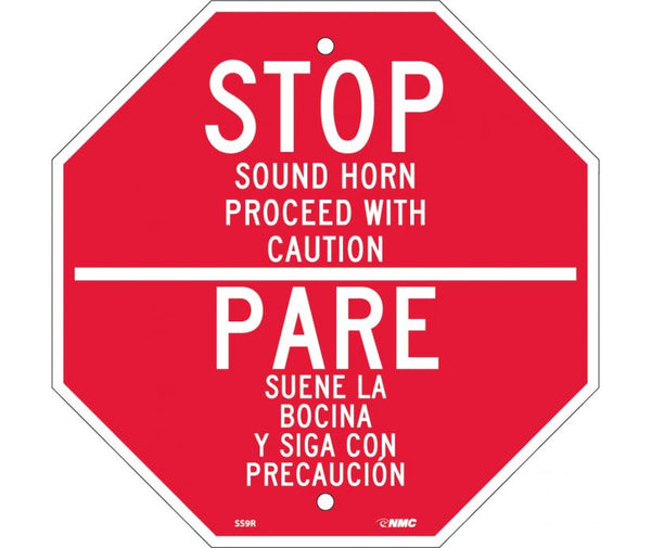STOP SOUND HORN PROCEED WITH CAUTION, BILINGUAL, 12X12, RIGID PLASTIC
