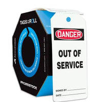 Tags By-The-Roll, DANGER OUT OF SERVICE, 6.25"H x 3"W, PF-Cardstock, 100/RL