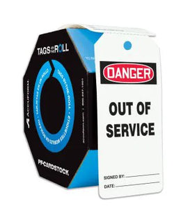 Tags By-The-Roll, DANGER OUT OF SERVICE, 6.25"H x 3"W, PF-Cardstock, 100/RL