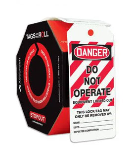 Tags By-The-Roll, DANGER DO NOT OPERATE EQUIPMENT LOCKED OUT, 6.25" x 3", PF-Cardstock, 100/RL