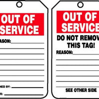 Status Record Tag, OUT OF SERVICE, 5.75" x 3.25", RP-Plastic, 25/PK