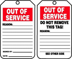 Status Record Tag, OUT OF SERVICE, 5.75" x 3.25", RP-Plastic, 25/PK