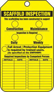 Scaffold Tag, SCAFFOLD INSPECTION, 5.75" x 3.25", PolyTag, 25/PK