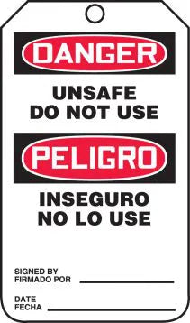 Safety Tag, DANGER UNSAFE DO NOT USE (English, Spanish), 5.75