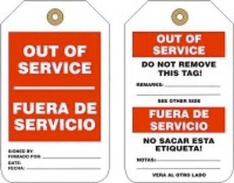 Safety Tag, OUT OF SERVICE (English, Spanish), 5.75