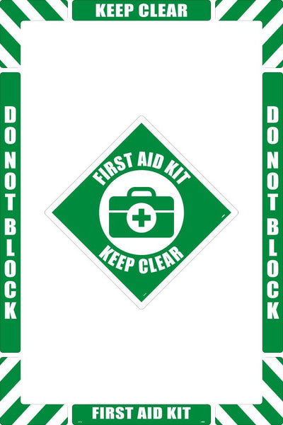 WALK-ON FLOOR MARKING KIT, CONFIGURABLE (INCLUDES 12 X 12 CENTER FLOOR SIGN AND MARKING STRIPS WITH CORNER ANGLES), TEXTURED NON-SLIP SURFACE, FIRST AID KEEP CLEAR