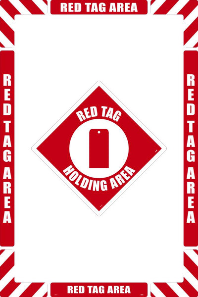 WALK-ON FLOOR MARKING KIT, CONFIGURABLE (INCLUDES 12 X 12 CENTER FLOOR SIGN AND MARKING STRIPS WITH CORNER ANGLES), TEXTURED NON-SLIP SURFACE, RED TAG HOLDING AREA